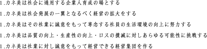 1.カネ美は社会に通用する企業人育成の場とする1.カネ美は社会発展の一翼となるべく経営の拡大をする1.カネ美はその社業に誠意をもって専念する社員の生活環境の向上に努力する1.カネ美は品質の向上・生産性の向上・ロスの撲滅に対しあらゆる可能性に挑戦する1.カネ美は社業に対し誠意をもって経営できる経営集団を作る